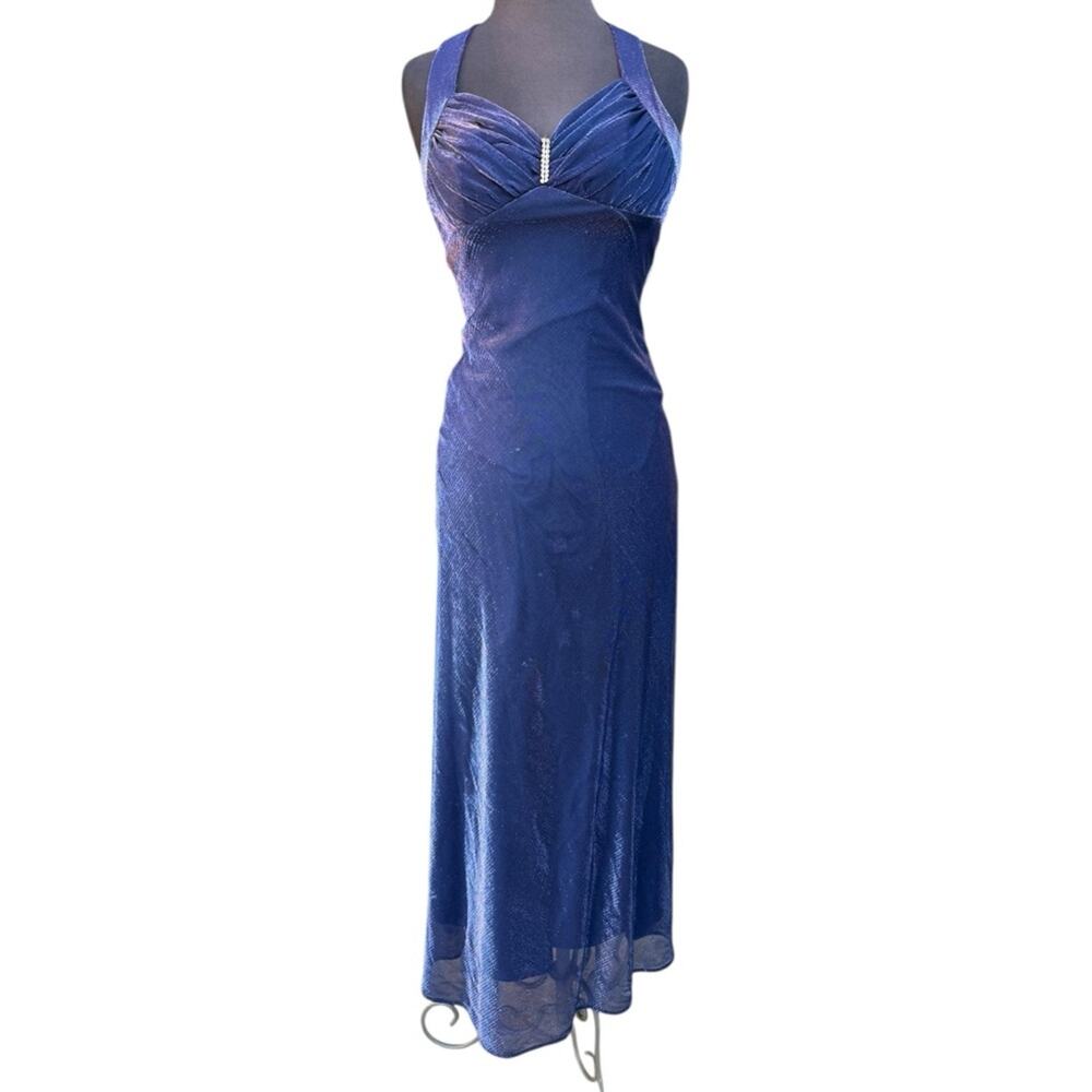 Vtg 90s Blondie & Me Evening Halter Gown Purple Shimmer Metallic Dress Sz XS